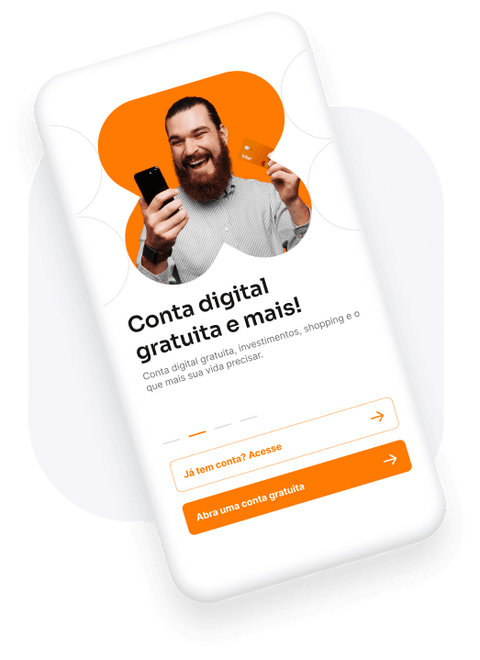 Tela de celular com imagem de homem sorrindo e texto: Conta Digital gratuita e muito mais