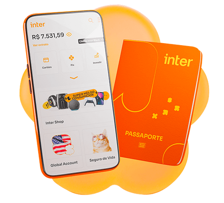 Ilustração smartphone com o app do Inter aberto, ao lado de um passaporte laranja fictício do Inter, com o fundo em tons de laranja.
